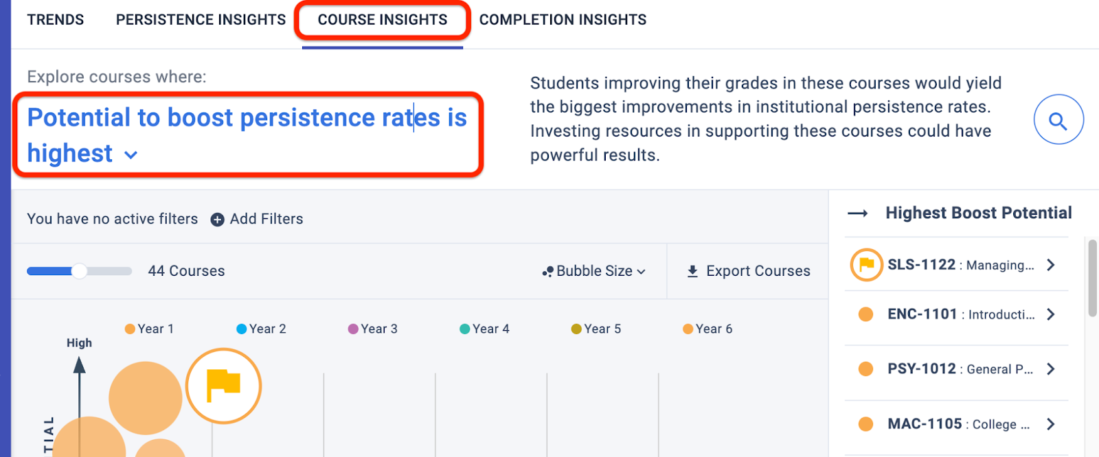 Highlighted focus area where you can choose between different insights and find different courses displayed based on the chosen focus area.
