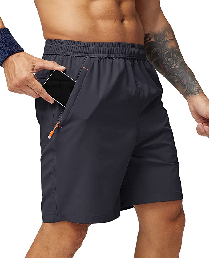 MIER Men's Quick Dry Running Shorts with Zipper Pocket, Elastic Waist Athletic Workout Exercise Fitness Shorts, 7 Inch