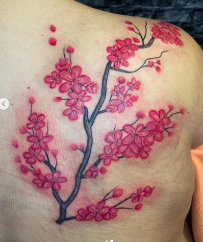 Bright Pink Cherry Blossom Floral Tattoo