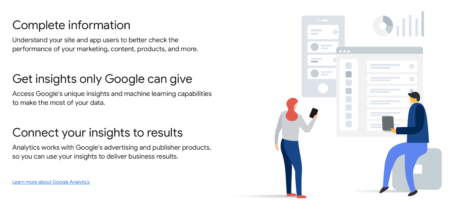 There is an illustration on the right of a man and a woman looking at data projected above them on devices. On the left, Google Analytics promises "Complete information", "Get insights only Google can give", and "Connect your insights to results". 