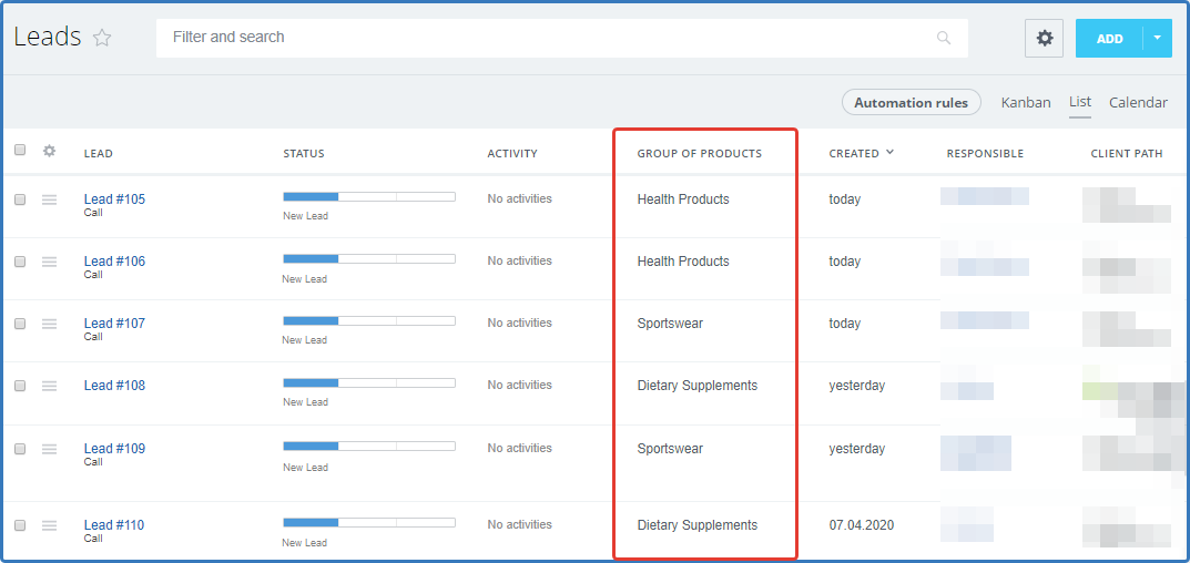 Screenshot of the general list of leads with Group of Products section