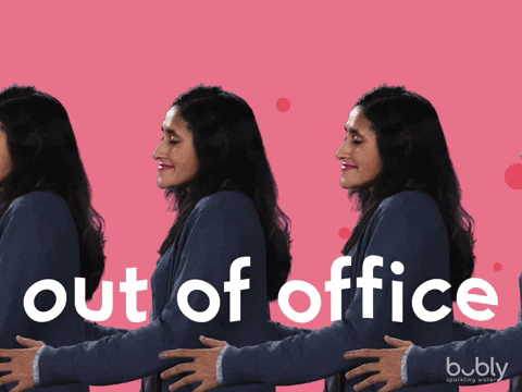 Woman dancing while saying, "Out of office."