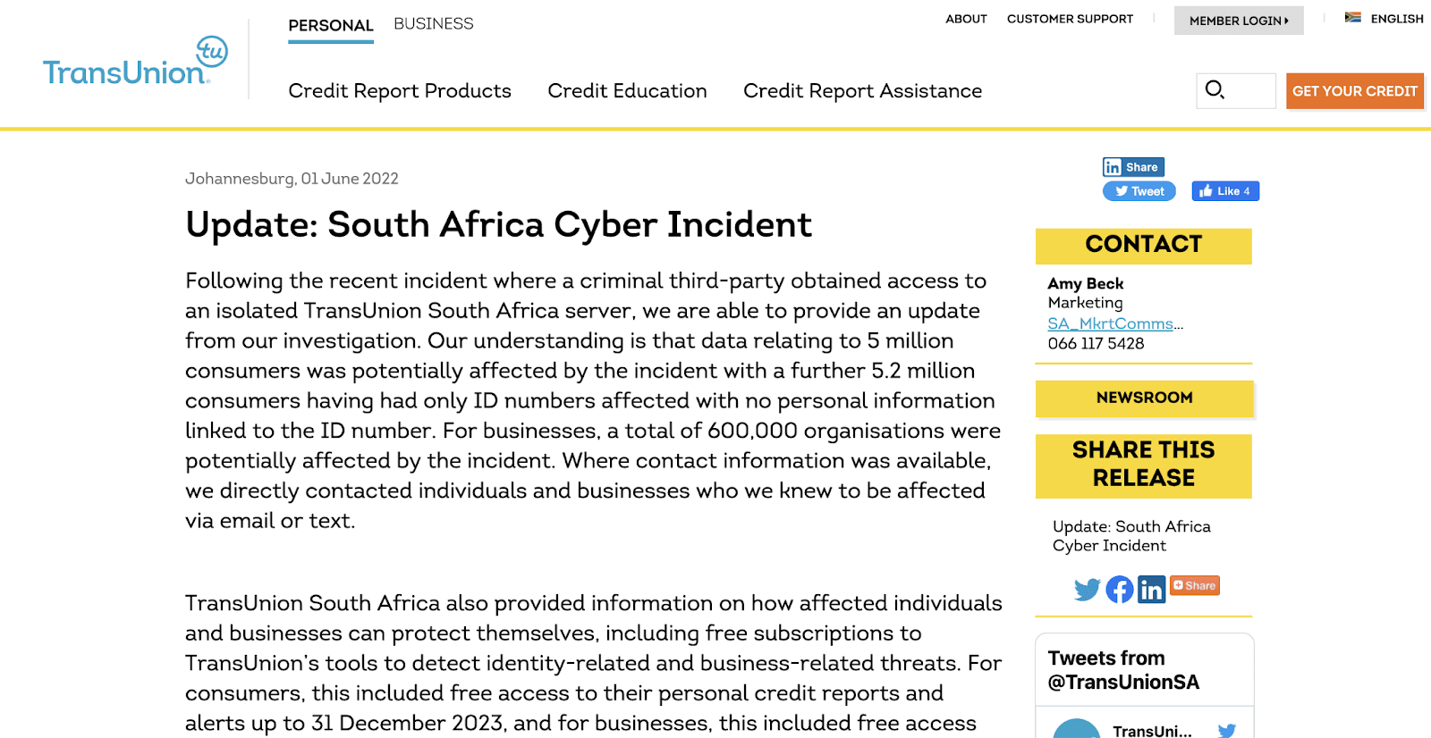 TransUnion South Africa website's official announcement of the data breach
