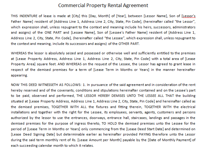 rent agreement for commercial properties