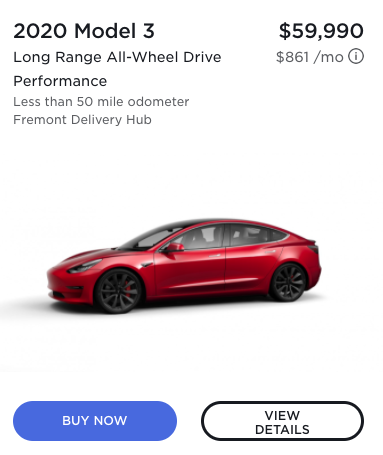 Imagen mostrando botones de compra y precio del Tesla Modelo 3 2020 por $59,990 dólares. Marketing mix Precio