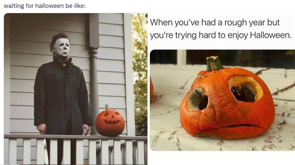 Man in a Mike Meyers halloween mask standing on a porch next to a jack-o-lantern, labeled “waiting for halloween be like:” Second picture: a weeks old jack-o-lantern, labeled “When you’ve had a rough year abut you’re trying hard to enjoy Halloween.”