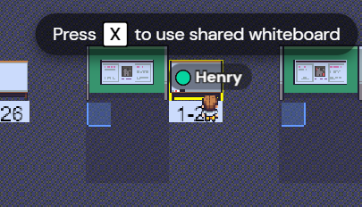 Image of an avatar by a whiteboard in the Poster Room. Walking next to the whiteboard sprite will open a prompt to press X. Pressing X will open an app called Eraser, which you can use to leave notes for the presenter and highlight portions of the poster.