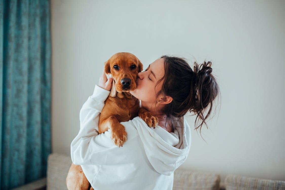 Free Loving woman kissing and cuddling cute dog Stock Photo