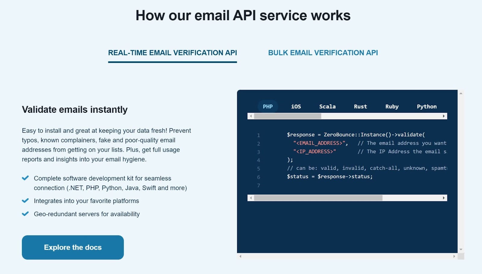 Screenshot of website demonstrates how ZeroBounce email API service works, a great component of email hygiene.