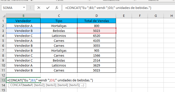Fórmulas Excel =CONCAT ()