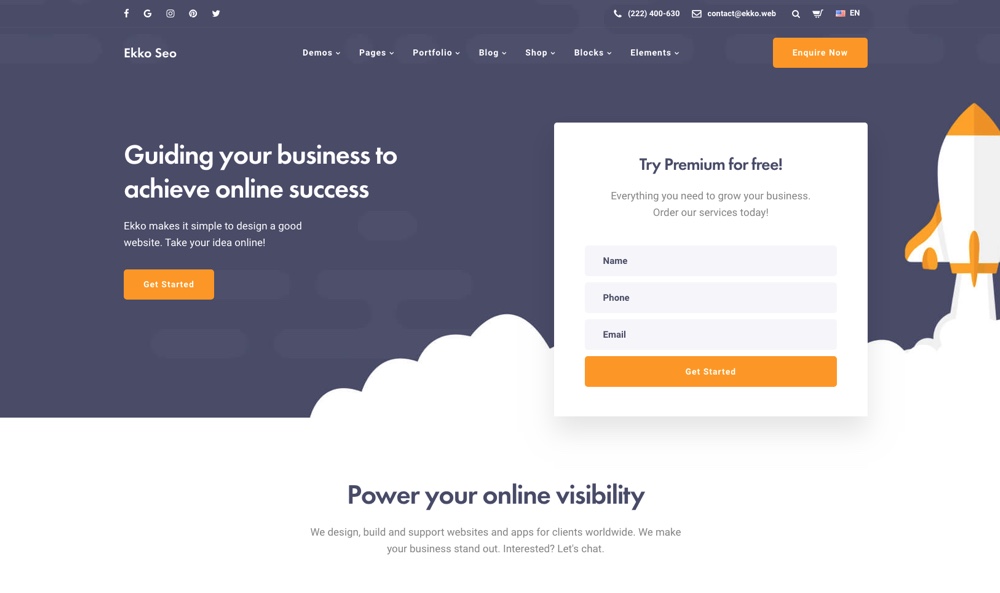 Tema WordPress Ekko SEO com Construtor de Páginas