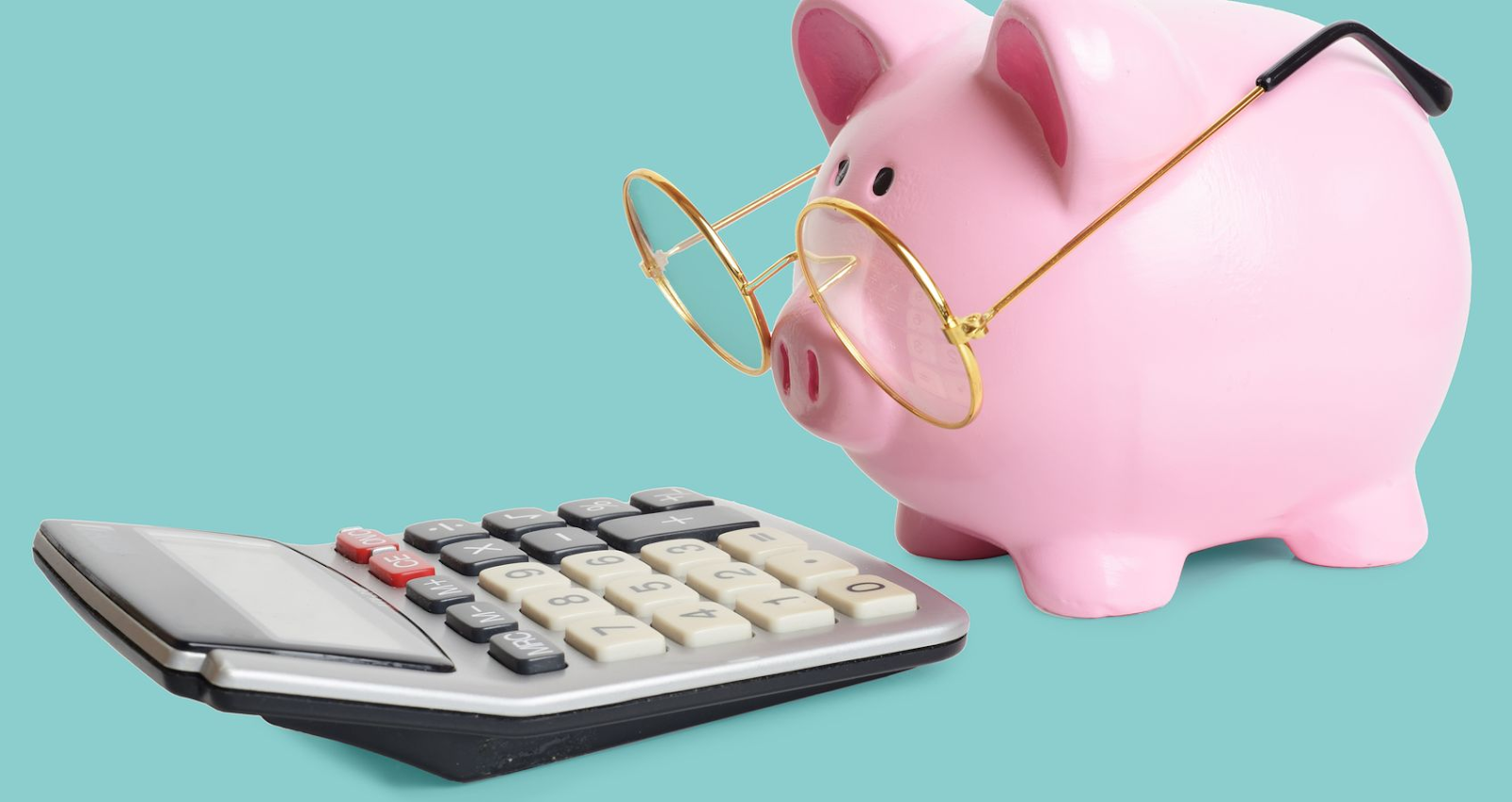 piggy bank with glasses using calculator