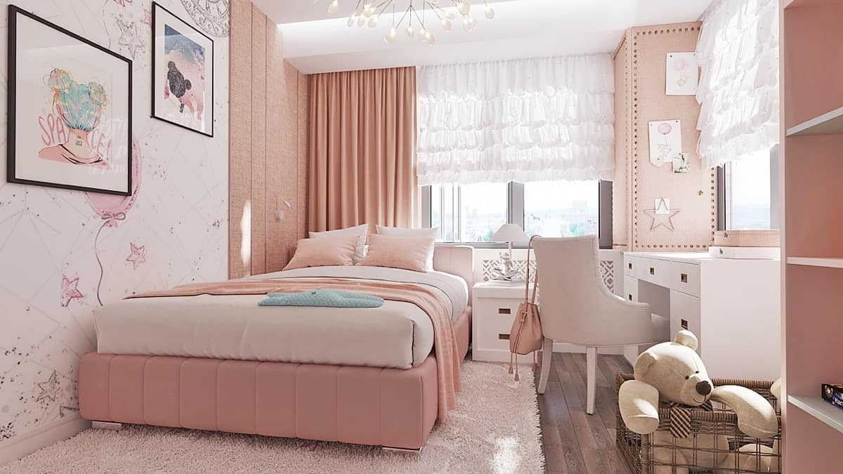 Phòng ngủ màu hồng trong sáng, dễ thương có thể dùng cho cả các bé gái đáng yêu