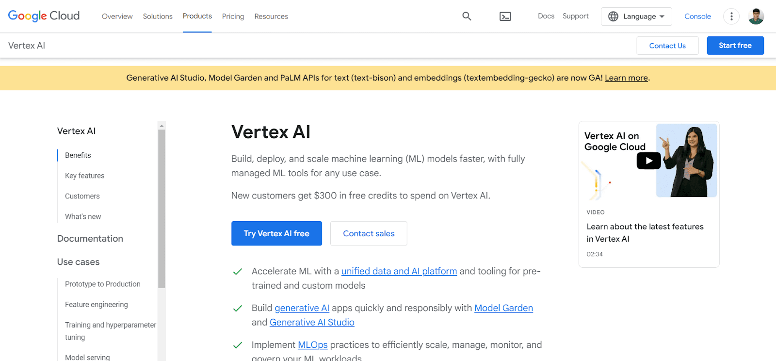 A screenshot of Vertext AI's website
