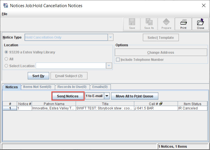 Millennium RSB client hold cancellation notices detail screen