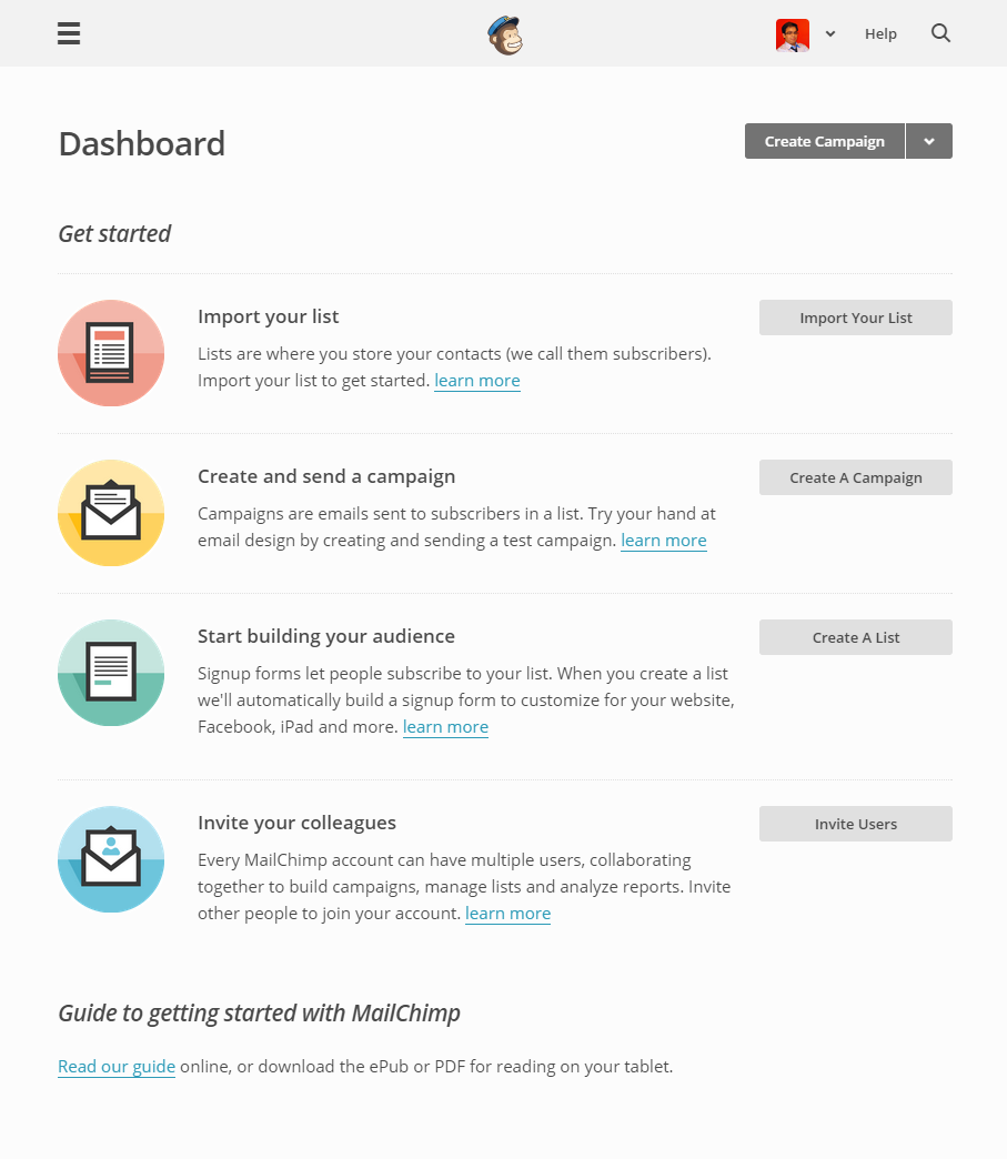 O painel do MailChimp