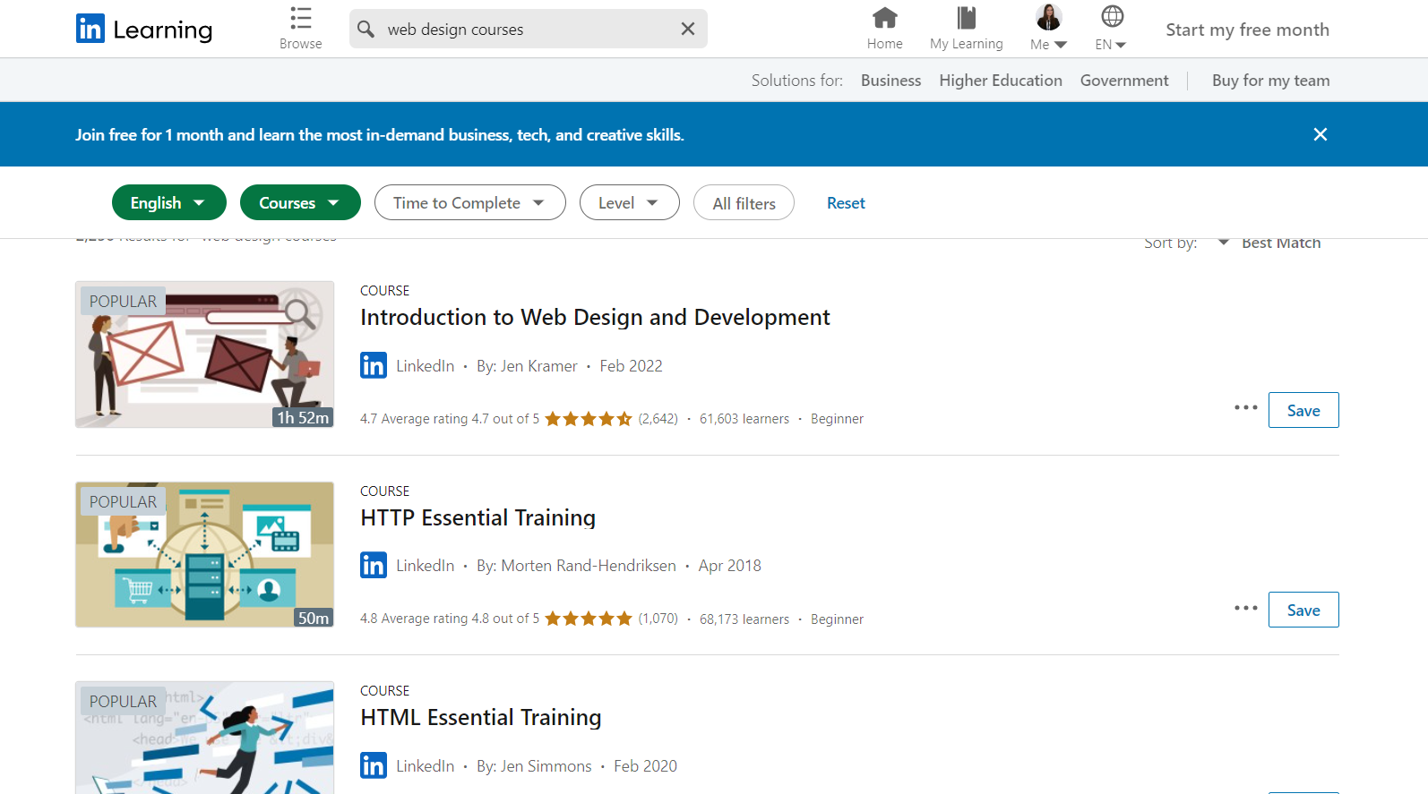 Screenshot of LinkedIn's Introduction to Web Design and Development courses