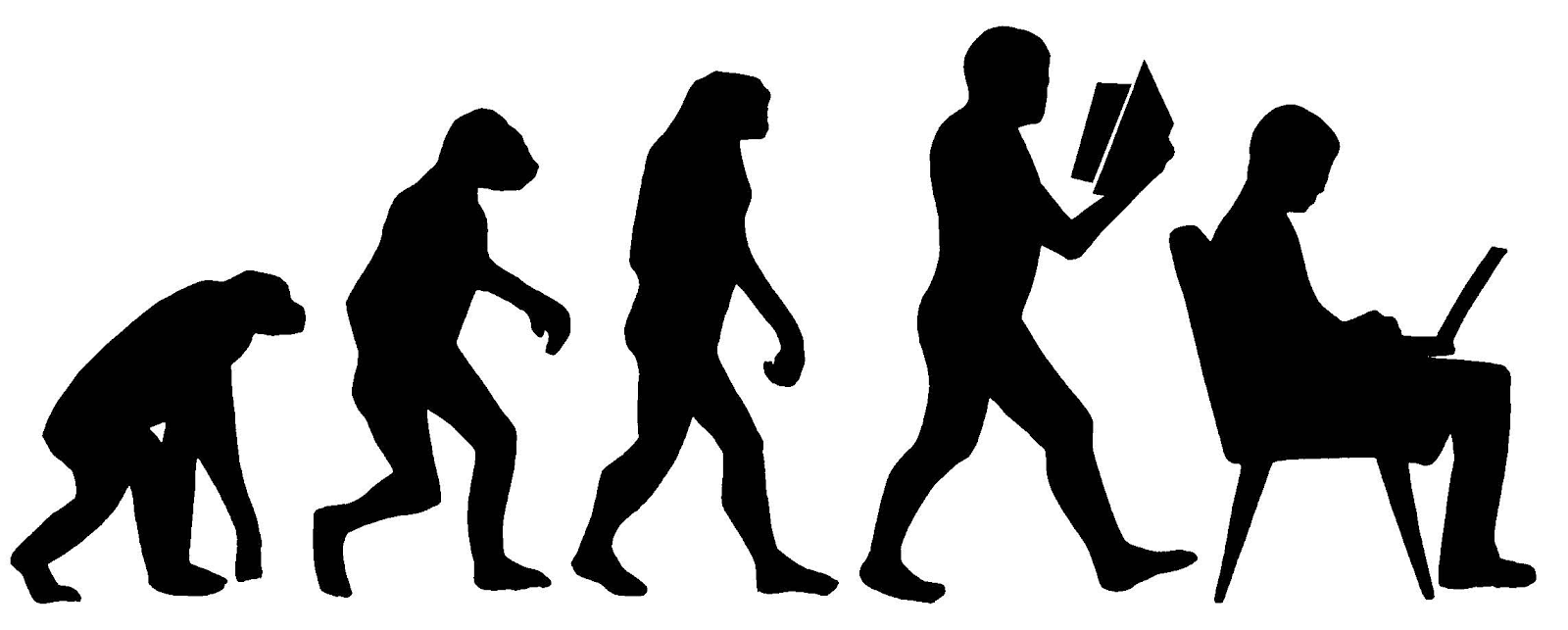 classic evolution progression of monkey to man, but with the ending state being a guy on a laptop