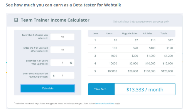 What Is Webtalk? Social Media That Pays You And Team Trainer Income Calculator