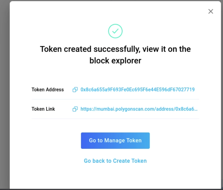 Pop window confiriming successful creation of tokens with link to token address and token link