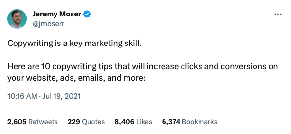 Viral copywriting tweet from Jeremy Moser. 