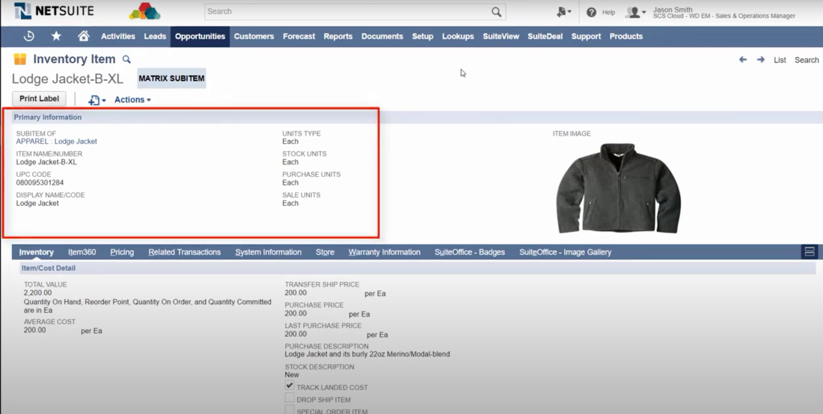 Primary information tab of the items record, showing the product name, UPC code, stock, purchase units, etc. 