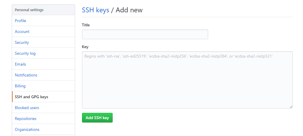 Página de criação de uma nova chave SSH