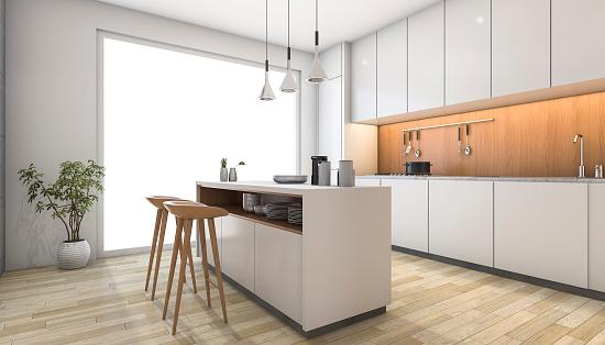 WeServe white modern kitchen with wood bas stools as an example of home renovation