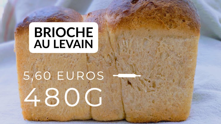 Ingrédients : farine de blé bio T80, oeufs bio, beurre bio, sucre de canne bio, du  levain naturel de seigle, sel de Guérande, eau. La brioche est cuite au four à feu de bois.