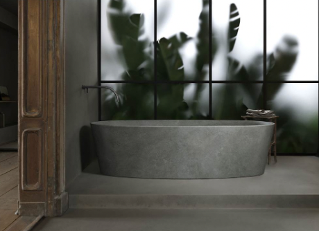 luxury hotel furniture with neutral tones, bathroom fixtures with COCOON free standing tub in dark gray