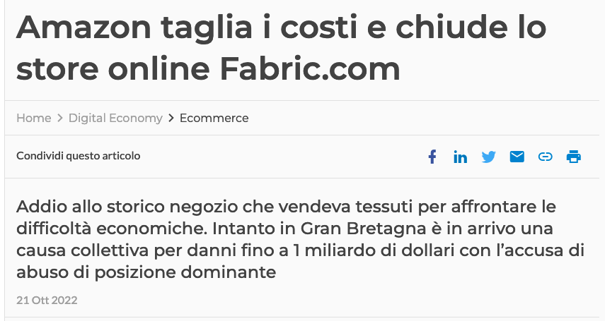 Vendere su Amazon ha molti contro. 
Qui un articolo di corrierecomunicazioni.it mette in evidenza la chiusura dello store online Fabric.com dopo 30 anni di attività. Tra le cause, c'è quella di aver venduto i prodotti tessili su Amazon, che ha finito addirittura per acquisirla.