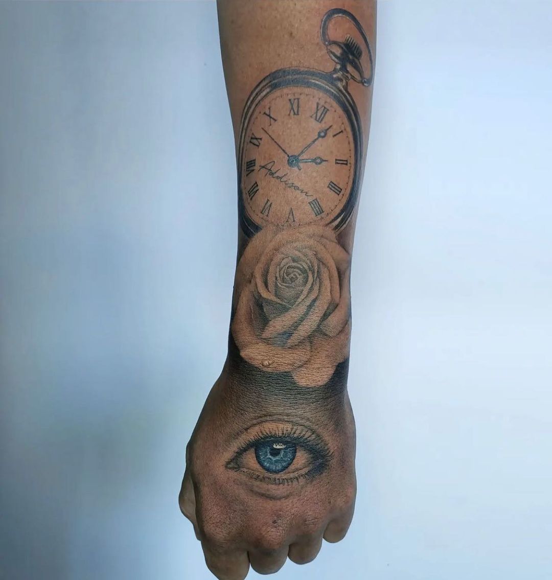 Blue Eye With Rose Tattoo