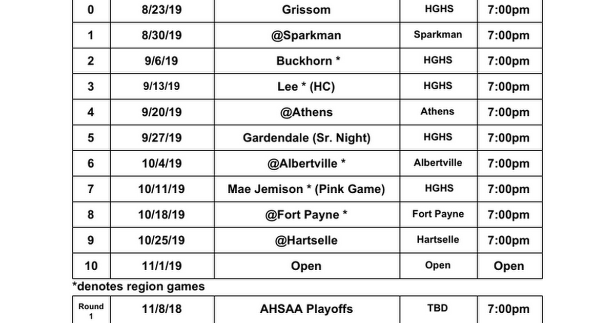  2019 Hazel Green Varsity Football Schedule