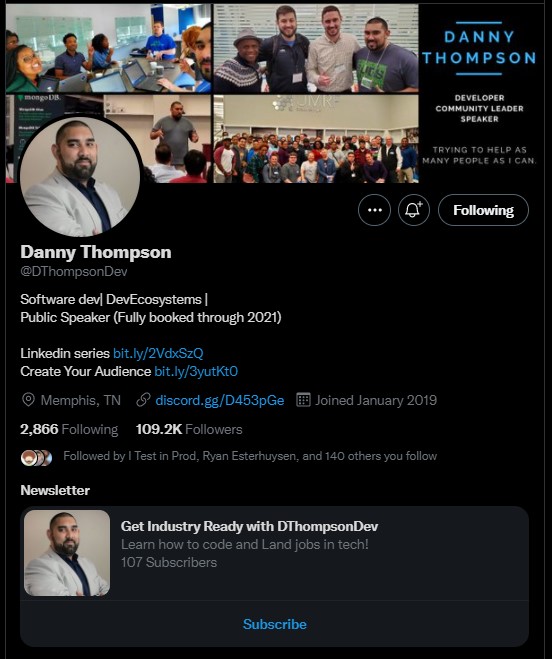 Screenshot of Danny Thompson’s Twitter bio showing Revue’s email newsletter subscribe button.