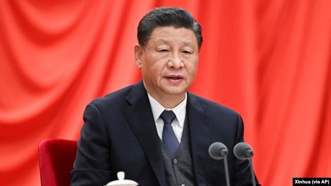 中共党媒新华社发布的中国领导人习近平在北京举行的中纪委会议上讲话的照片。(2022年1月18日)