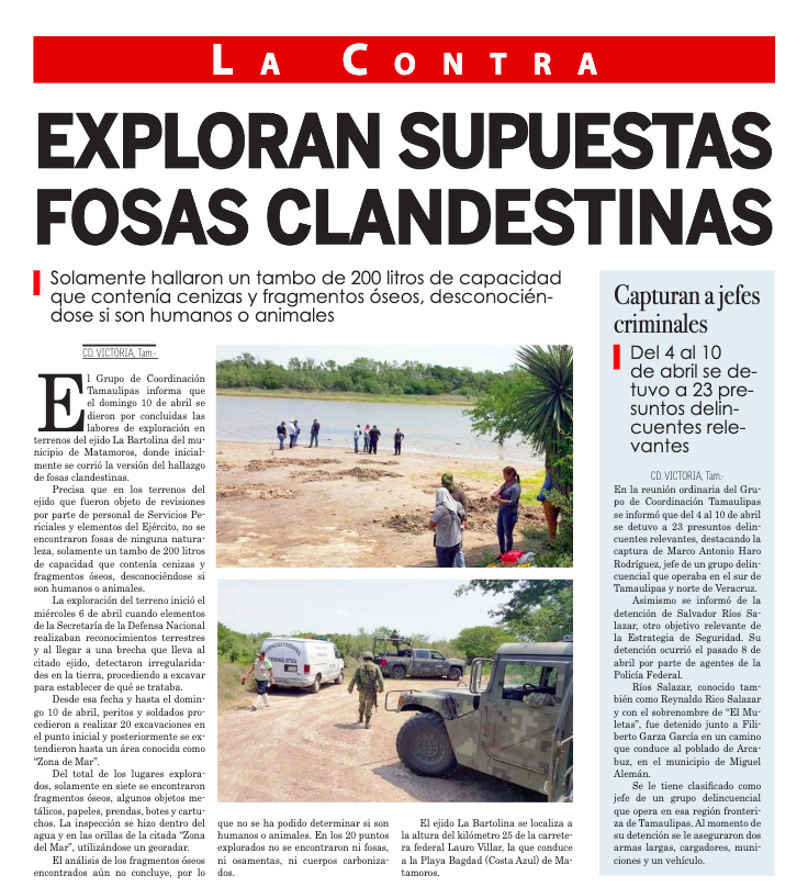 Contraportada del periódico La Prensa de Reynosa, con la información del comunicado emitido por el Grupo de Coordinación Tamaulipas. 