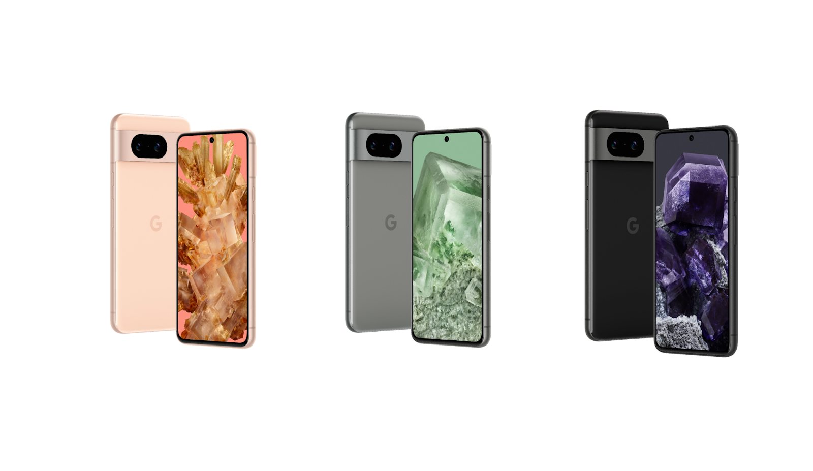 三台 Google Pixel 8 Pro 智能手機並排擺放，展示了藍色、黑色和陶瓷白三種顏色