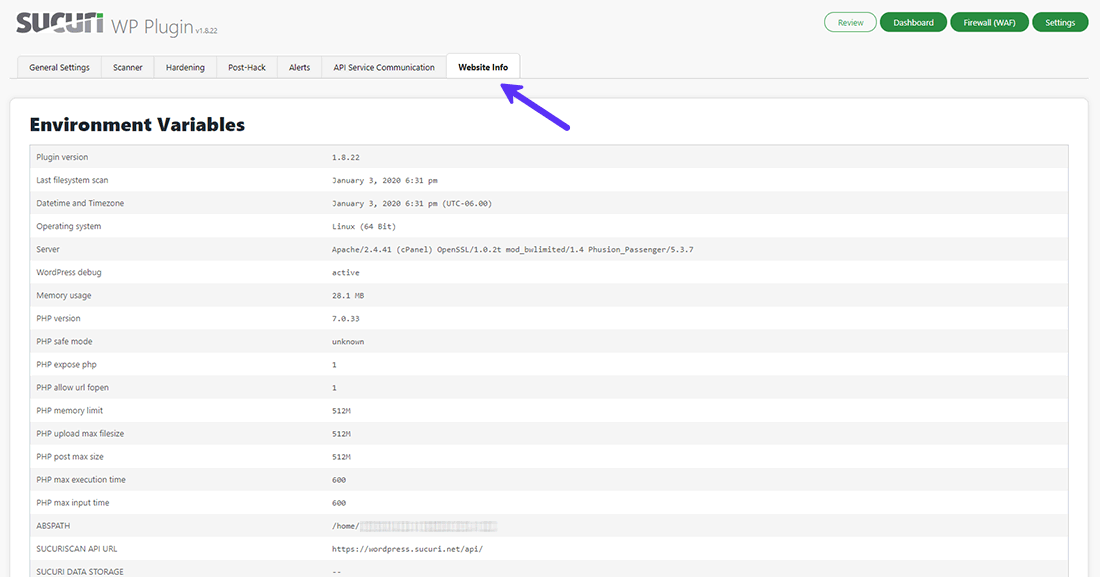 Sucuri security site Information tab