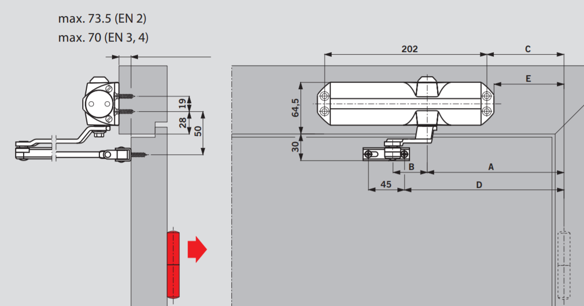 Схема установки Dorma TS 68 для дверей открывающихся наружу