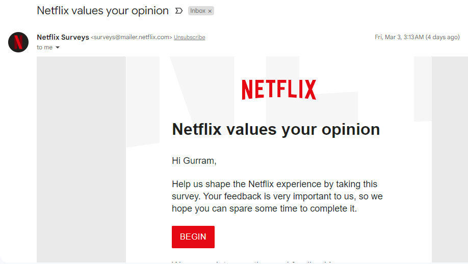 Netflix's Customer Feedback Email