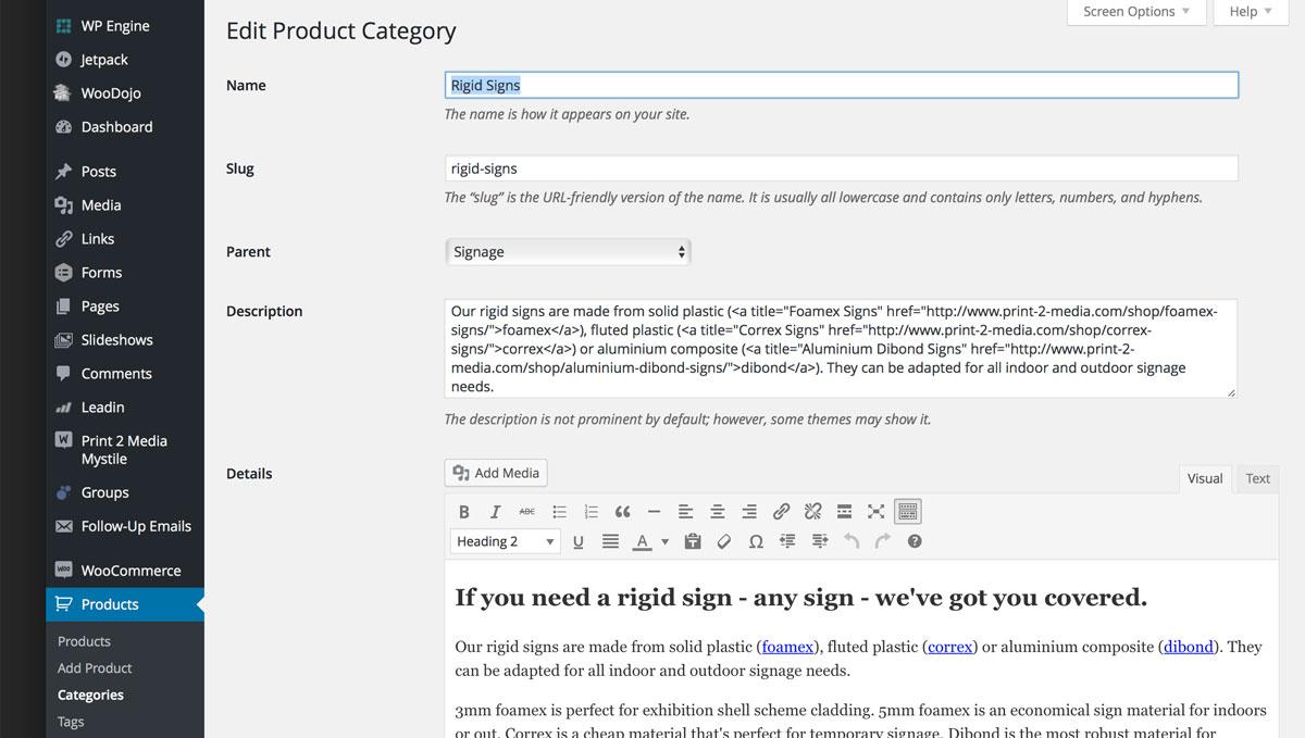 Capture d’écran de l’interface d'édition des pages produits de Woocommerce/Wordpress 