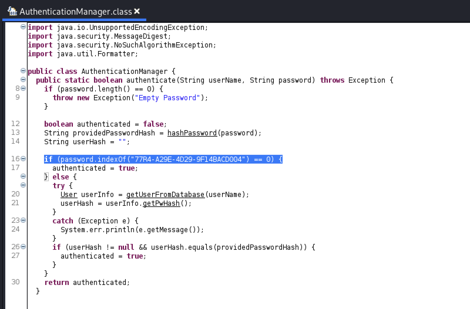 screenshot of the main JAR for the application and throw it into jd-gui and see an authentication method that looks something like this screen grab by White Oak Security, a penetration testing company. 