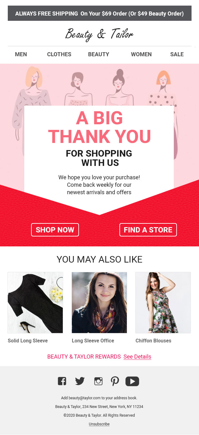  Improve Post-Sale Customer Experience–A sample post-purchase thank you email from Beauty & Tailor with text reading, “A Big Thank You For Shopping With Us”.
