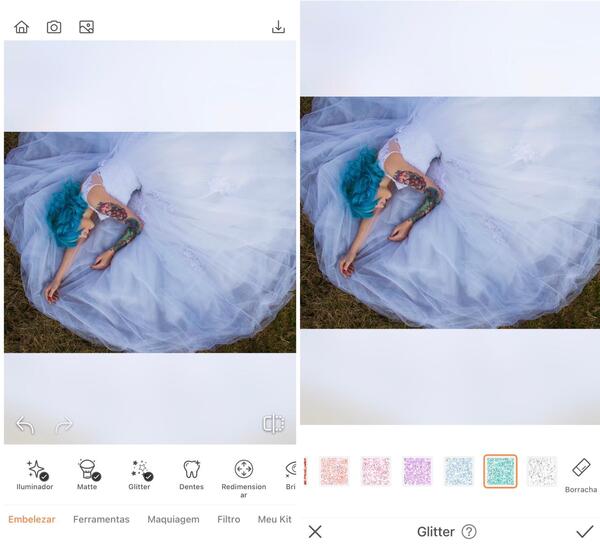 Foto da mulher deitada na grama com um vestido azul claro sendo editada pelo AirBrush com a ferramenta Glitter.