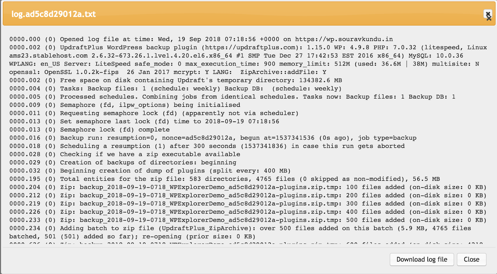 UpdraftPlus Demo 5 - 3 Visualize ou baixe o log para depuração
