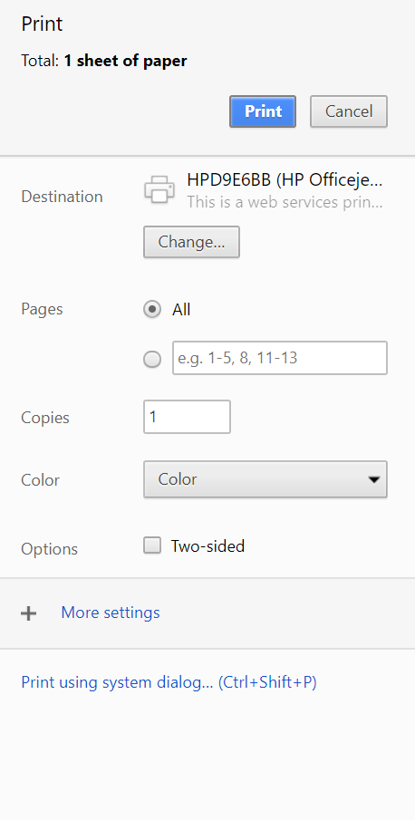 image depicting the print dialogue options in google chrome