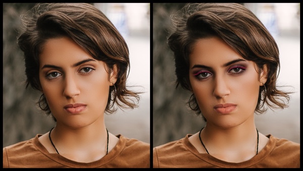 Antes e depois da foto de uma mulher morena onde uma das fotos está com a maquiagem Eve do AirBrush