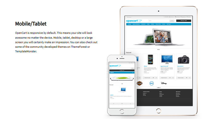 The image is a screenshot from OpenCart's features page. It tells how OpenCart is a platform that offers mobile friendly and responsive stores.