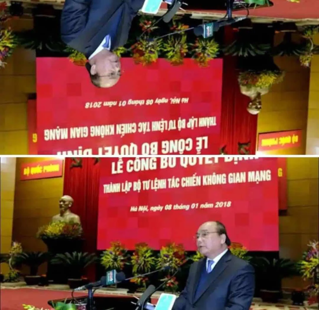 Ảnh: Thủ tướng Nguyễn Xuân Phúc phát biểu trong lễ công bố thành lập Cục tác chiến không gian mạng trực thuộc Bộ Quốc phòng Việt nam, ngày 8/1/2018, dưới cái nhìn 2 chiều.