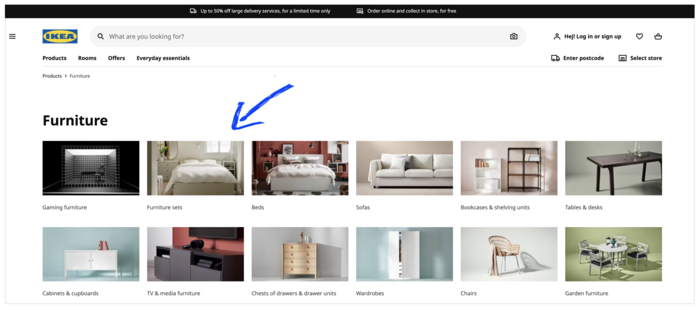 En la categoría Muebles, las subcategorías se enumeran con imágenes;  por ejemplo, asientos, camas, etc.